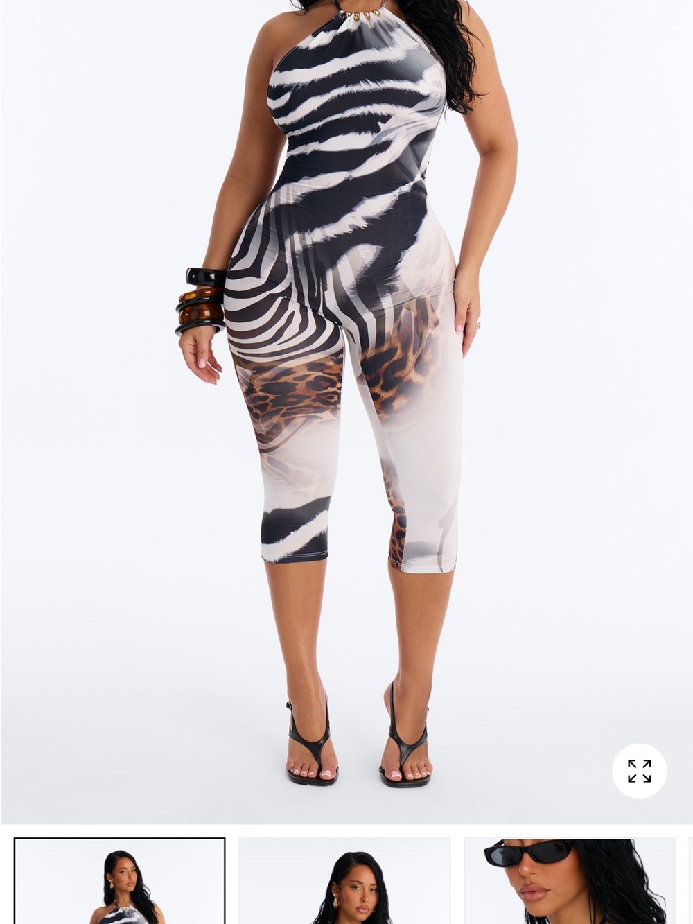 Animal Print Halter Capri Jumpsuit - Black & White